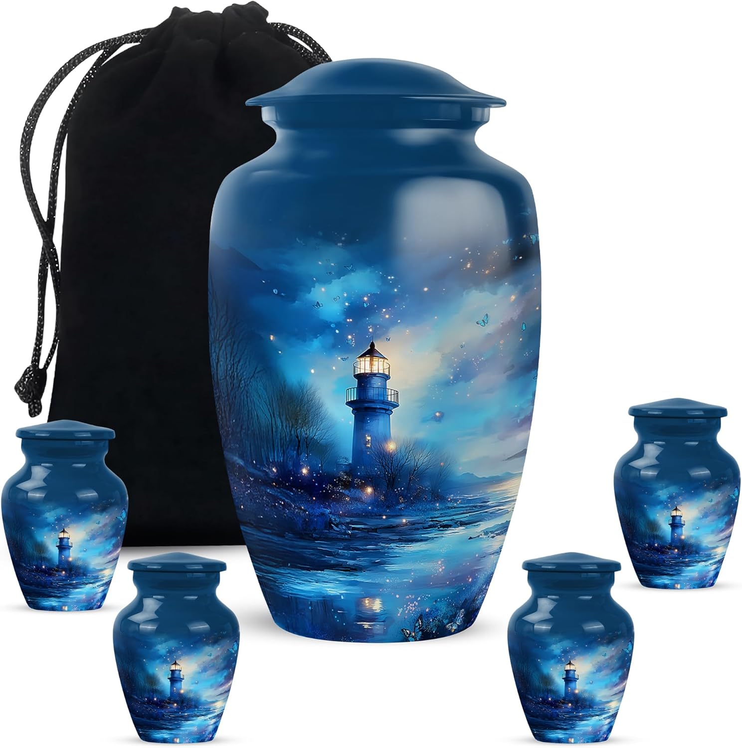 Lighthouse Set of 5 Funeral & Cremation Urn for Ashes Adult Male & Female - 10 Inch Large Decorative Blue Urns for Human Ashes Adult Man 4 Small Keepsakes - Butterfly Urn for Men & Women