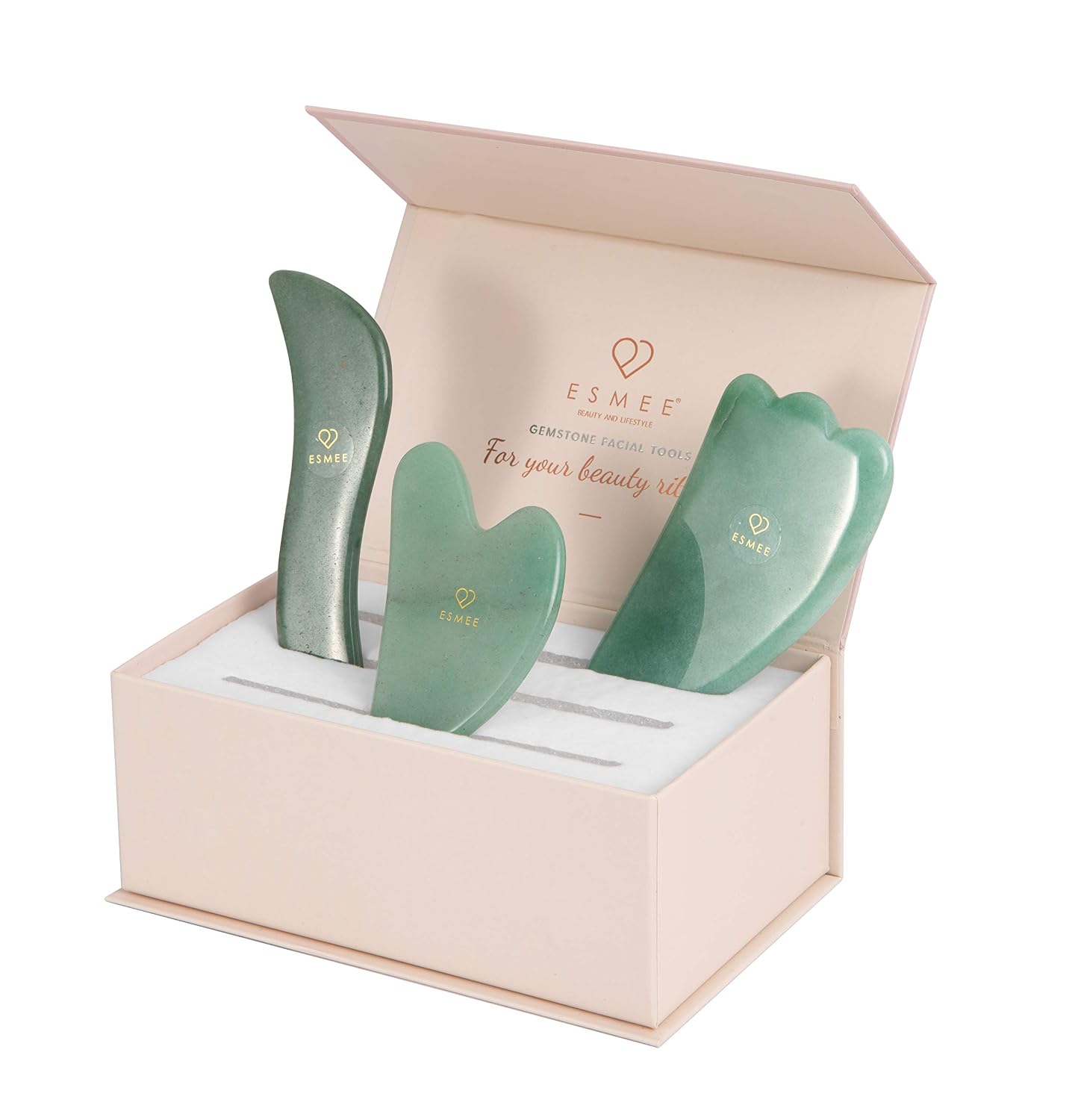 Jade Gua Sha Facial Tool Set by Esmee 3 in 1 Premium Guasha Kit Real Indian Jade Anti-aging Beauty Therapy for Massage and Skin Rejuvenation
