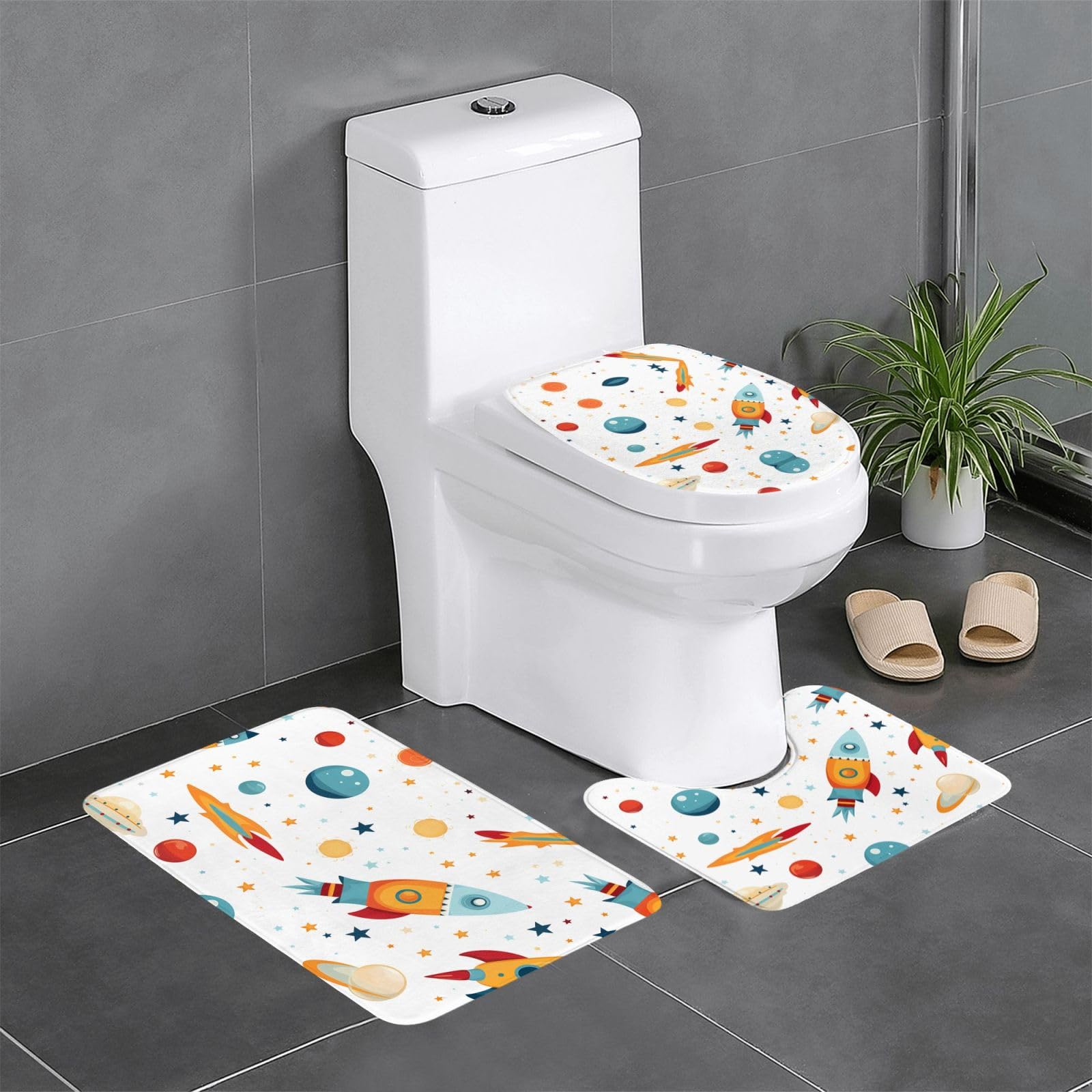 Lot de 3 tapis de bain antidérapants WHJDPP motif fusée avec contour WC U et O