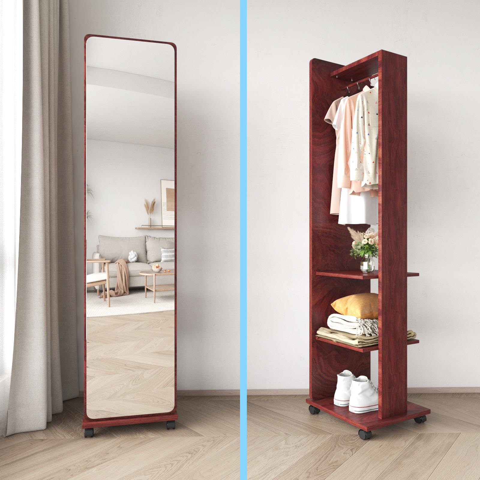 Mirror With Hooks 360u00b0 Rotating Full Body Mirror With Swivel