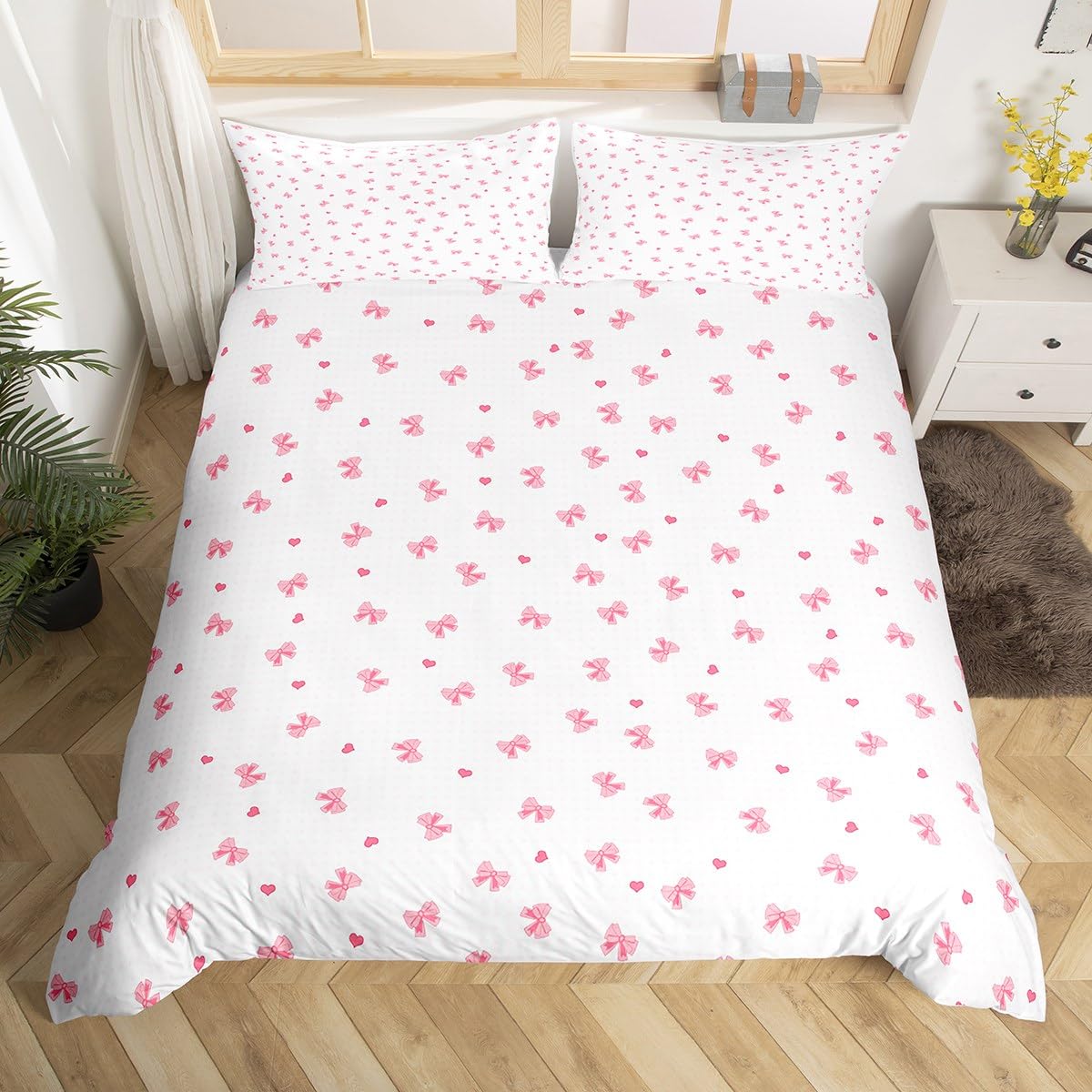 Homemissing Butterfly Bow Duvet Cover King Size For Kids Girls Pink Bow Bedding Set Grinding Hearts Bowknot Duvet Cover with 2 Pillowcases — image 1
