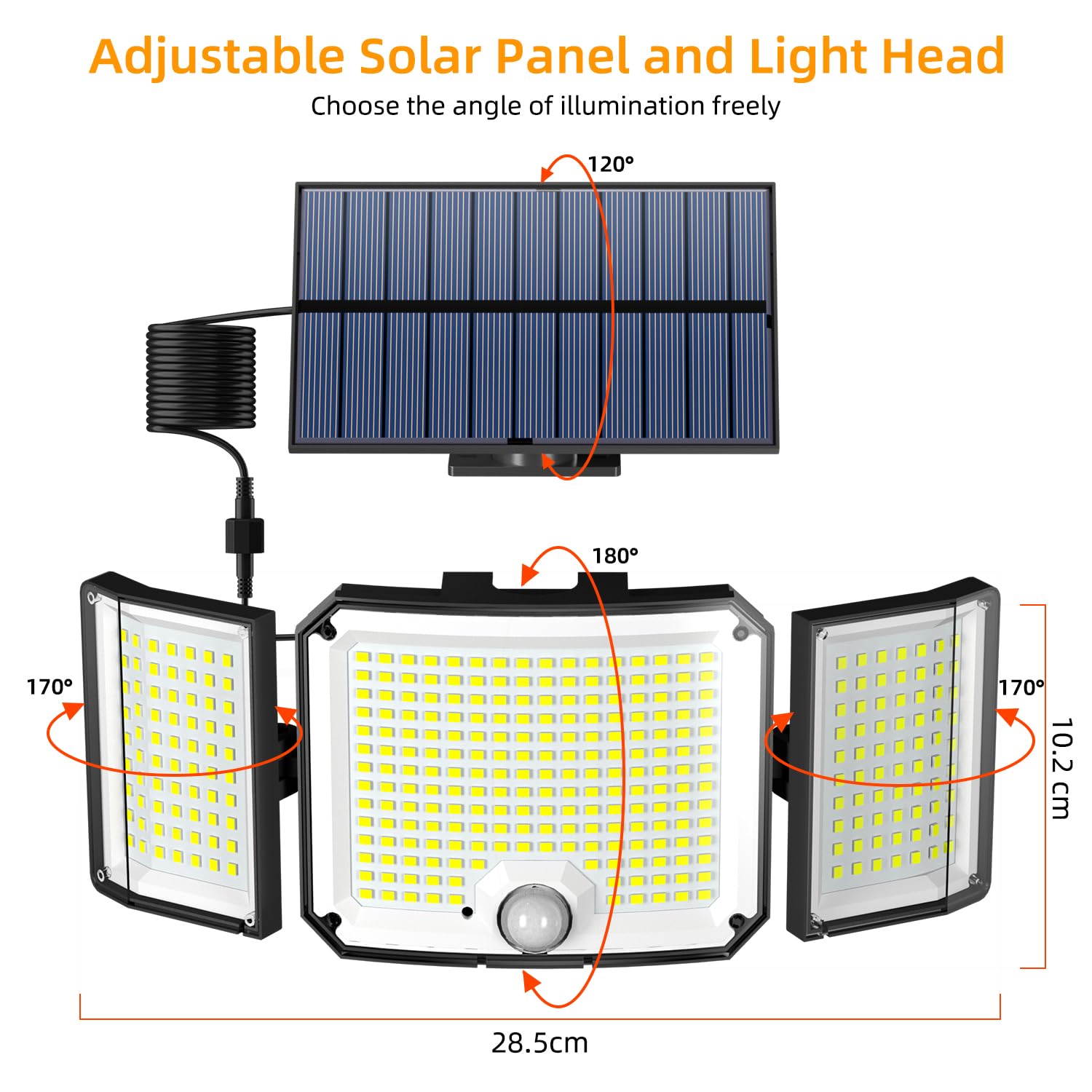 Lampada Solare da Esterno , 346 LED Luci Solari Esterno con Sensore di Movimento, Faretti Solari Led con Telecomando, Cavo da 5m, IP65 Impermeabile, Lampada Solari da Giardino Illuminazione 270°