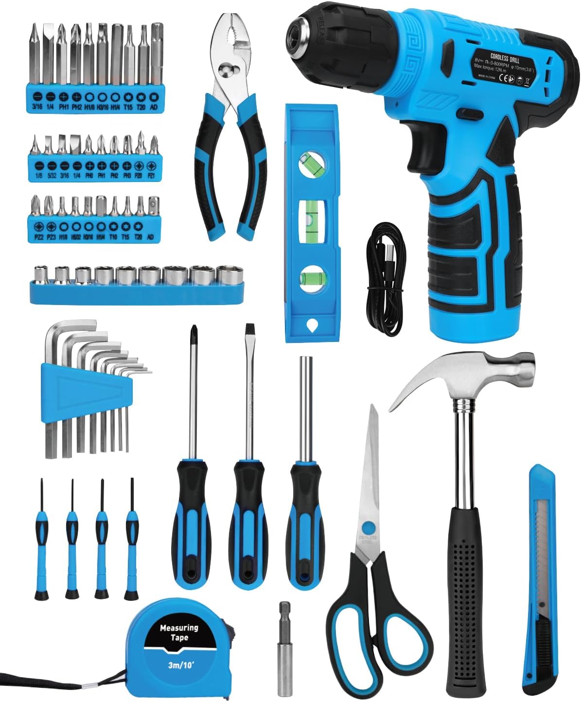 139-Piece Tool Set - Tool Kit with 8V Cordless Drill Driver in ToolBox Storage Case, General Household Drill Set for Home Repairs, Handyman, DIY Projects