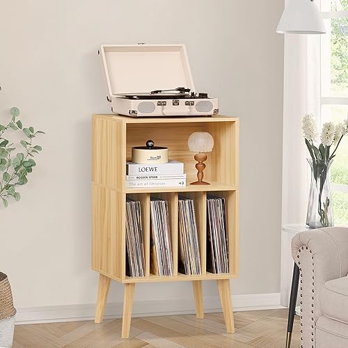Miniatura 5 de Lerliuo Soporte para tocadiscos, soporte para tocadiscos natural con capacidad para hasta 160 álbumes, mesa de gabinete de almacenamiento de vinilo