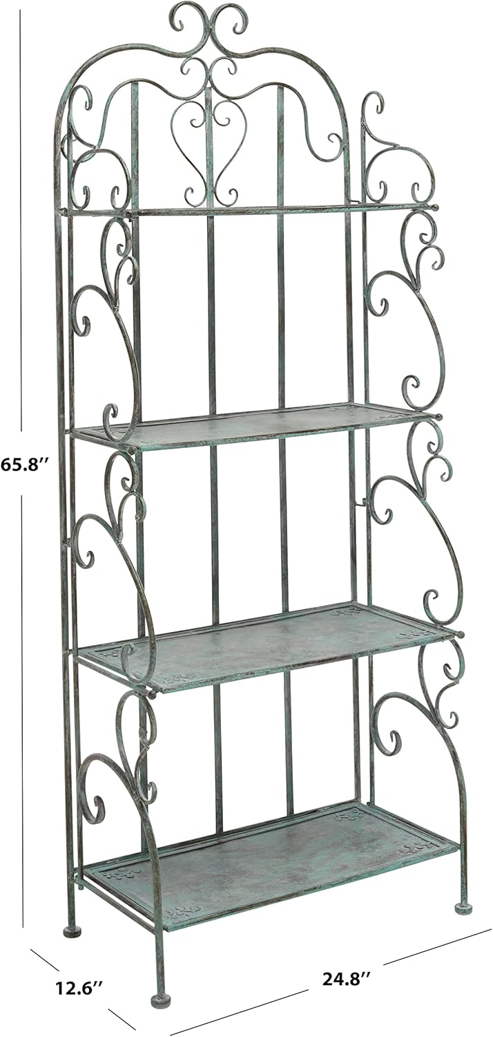 SAFAVIEH Outdoor Collection Tyrique Victorian Antique Dark Green Wrought Iron 4-Tier Shelf Unit