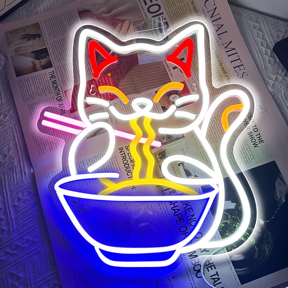 Cat Ramen Ramen Gatto Segno al neon per la decorazione della parete, Lucky Ramen Fortune Gatto Noodle Dimmable Led Segni giapponesi Maneki Neko Segni, Resturant Girls Room Art Decor