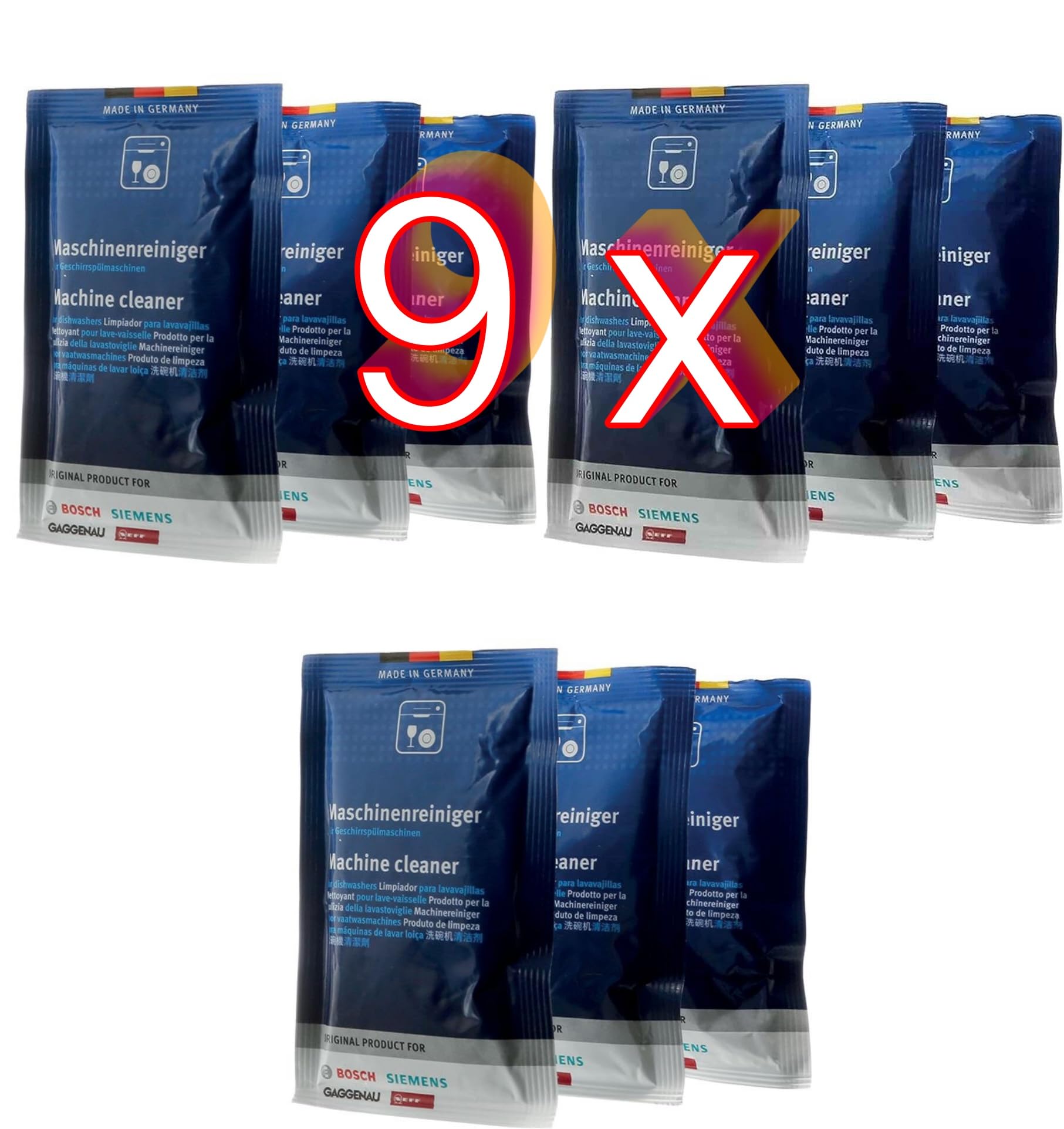 Desengrasante limpiador lavavajillas 9 sobres de 45 gr 00312193 compatible con Bosch, Siemens, Neff Gaggenau, elimina olores, incrustaciones grasas, residuos, con llavero fluorescente de regalo
