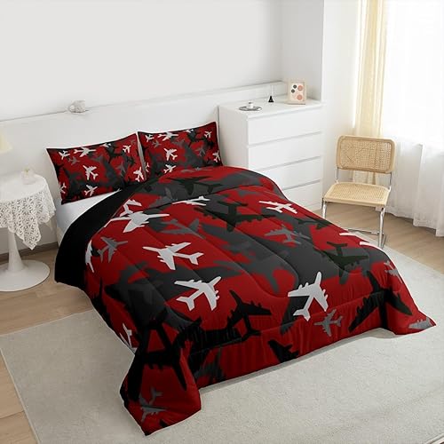 Miniatura 4 de Juego de ropa de cama con diseño de avión de camuflaje, tamaño Queen para niños, negro, gris, rojo, camuflaje, juego de edredón de 3 piezas, para
