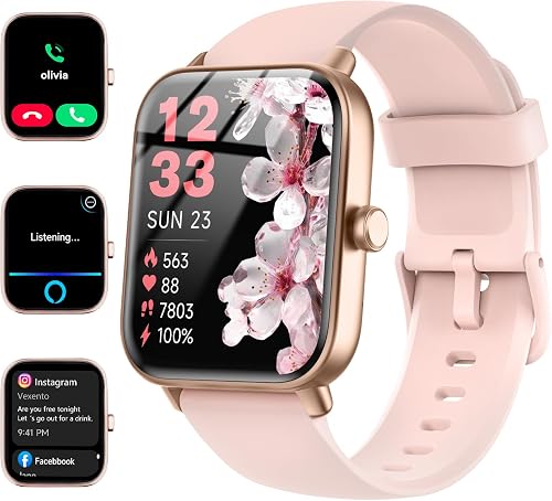 Quican Smart Watches for Women, Compatible for iPhone and Android Phones | 1.8" Fitness Tracker Watch, Waterproof, Calling, Heart Rate/Sleep Monitor, Alexa, Gifts for Women, Silicone Band, Baby Pink