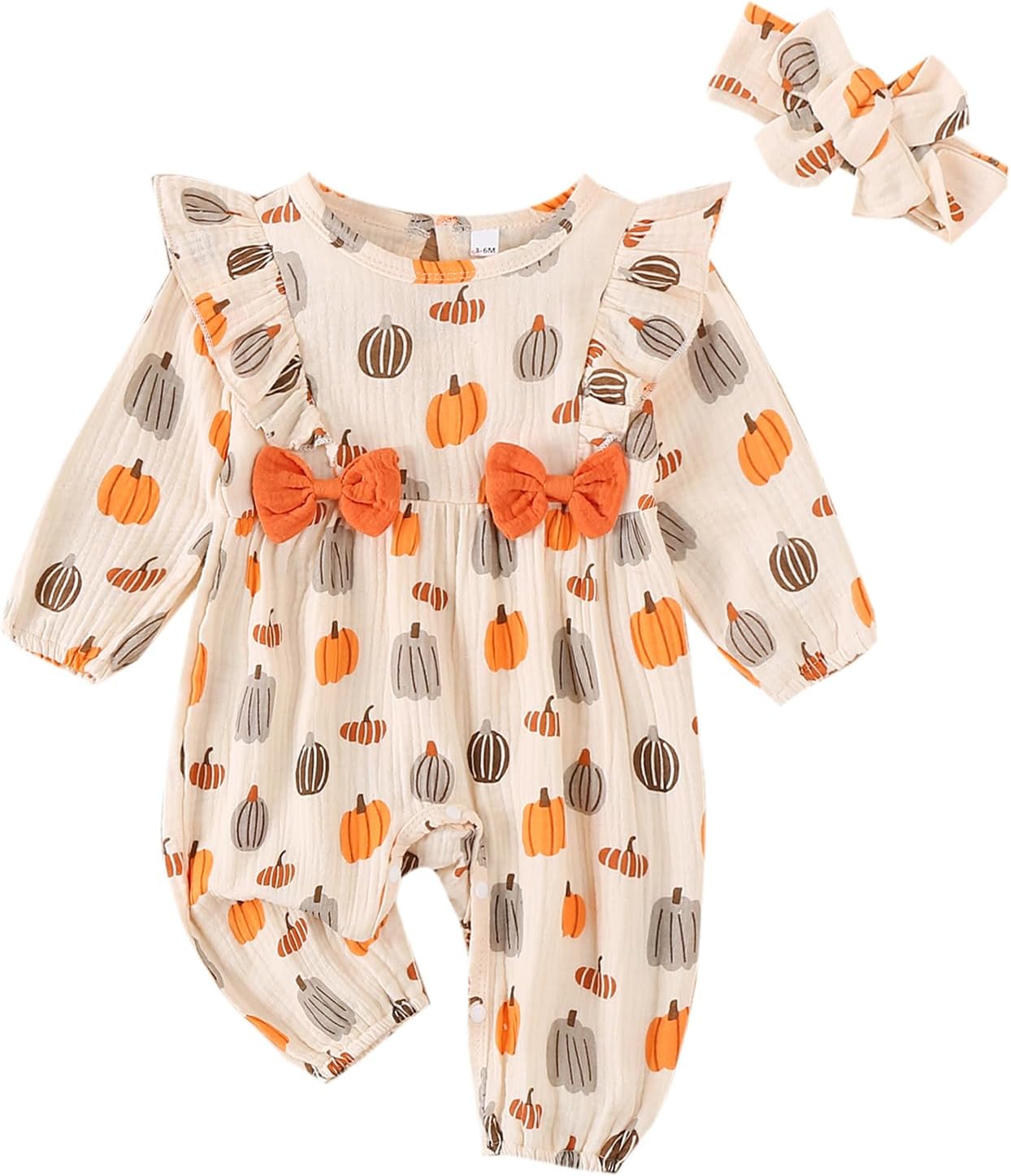 Newborn Baby Girl Halloween Outfit Cotton Linen Pumpkin Jumpsuit Romper Ruffle Sleeve Bodysuit Long Overalls with Bow