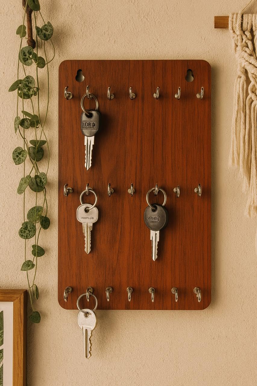 Wooden Key Holder with 21 Stainless Steel Hooks, Wall Mounted Key Hanger Stand, Premium Matte Finish Organizer for Home and Office, Living Room, Kitchen, PG & Hotel Decoration-picture-14
