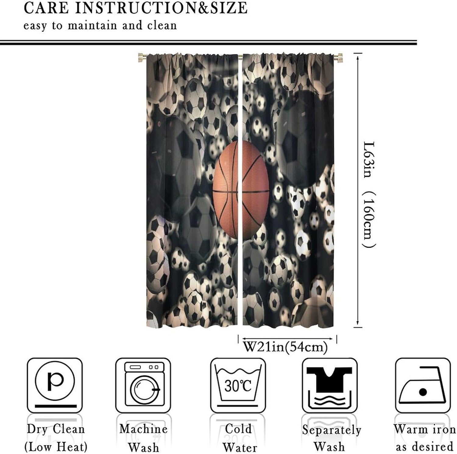 Sports Blackout Window Curtains, Abstract Basketball and Football Rod Pocket Window Drapes, for Kid Boys Teen Men Living Room Bedroom 21(W)*63(L) 2 Panels
