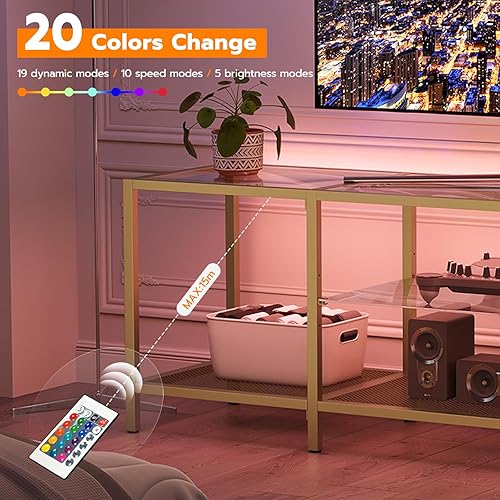 Miniatura 3 de Soporte de TV con luces LED y tomas de corriente para televisores de hasta 75 pulgadas, moderna mesa consola de TV de vidrio templado de 63 pulgadas