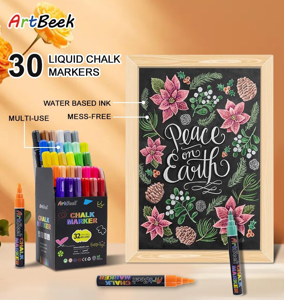 ArtBeek Chalk Markers, 30 Colors Liquid Chalk Markers for Blackboard Chalkboard Calendar Glass, Dust-Free Erasable Pens, 6mm Reversible Bullet & Chisel Tip