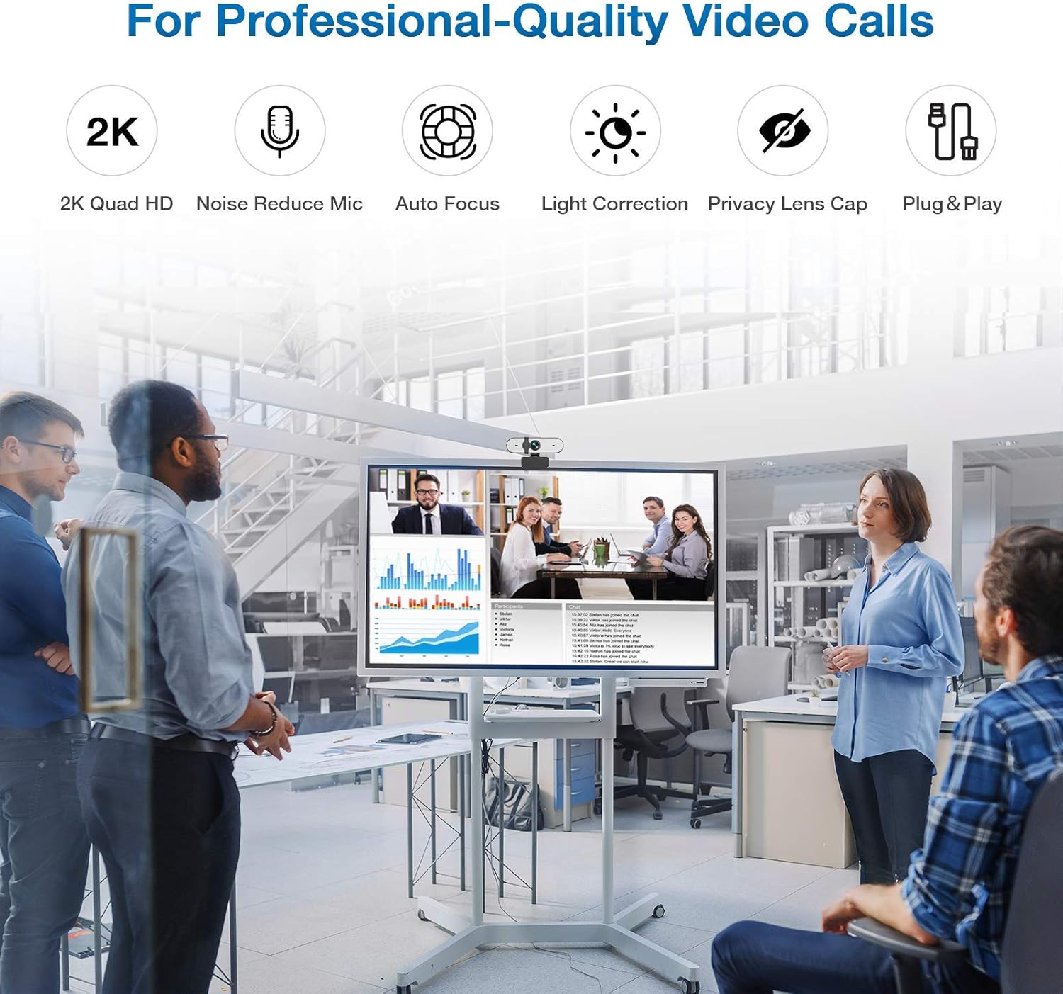 2K Webcam, Full HD Webcam for PC, Web Camera with Microphone, Tripod, Auto-Focus, Privacy Cover, USB, for Live Streaming & Video Conferencing