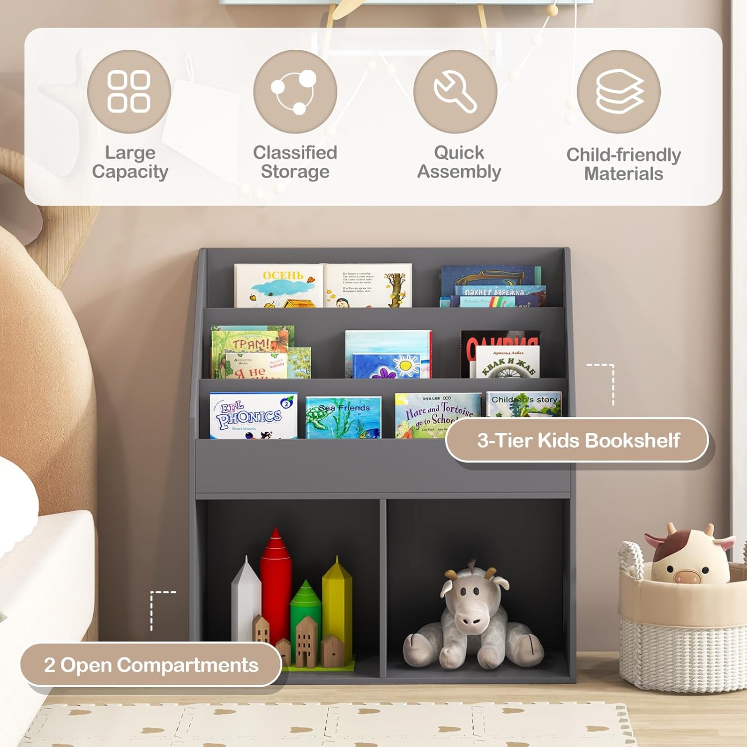 GLACER Kids Bookshelf, 3-Tier Wooden Sling Bookshelf for Kids w/Book Rack & 2 Storage Bins, Toy Storage for Kids Room, Nursery, Playroom, Classroom, Living Room, Toy Storage Organizer (Gray)