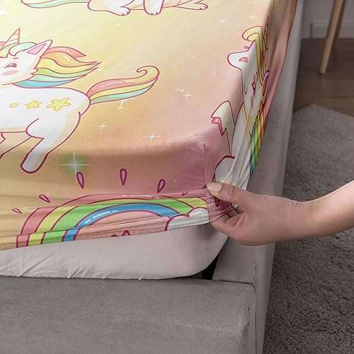 Miniatura 4 de Juego de sábanas bajeras y sábanas encimeras de 4 piezas con estampado de unicornio arcoíris con 1 sábana encimera y 1 sábana bajera + 2 fundas de
