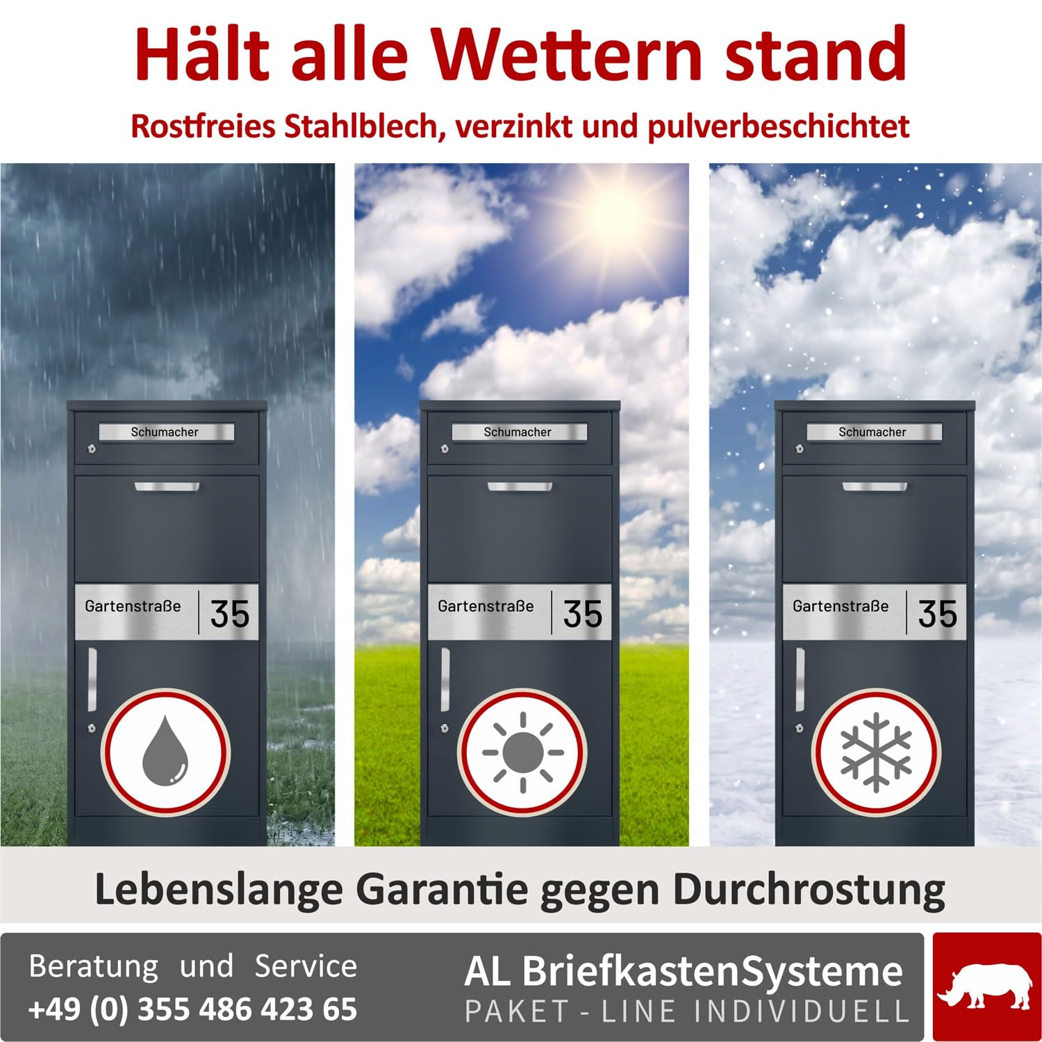 AL Paket-Line - Briefkasten mit Paketfach groß XXL wetterfest mit Namensgravur Paketbriefkasten freistehend drinnen und draußen rostfrei Anthrazit RAL 7016 Paketbox modern massiv mit Rückholsperre