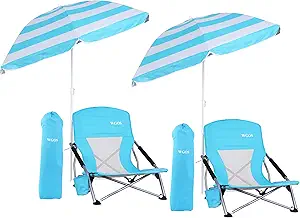 Beach Chair and Umbrella Set (2-Pack Blue)