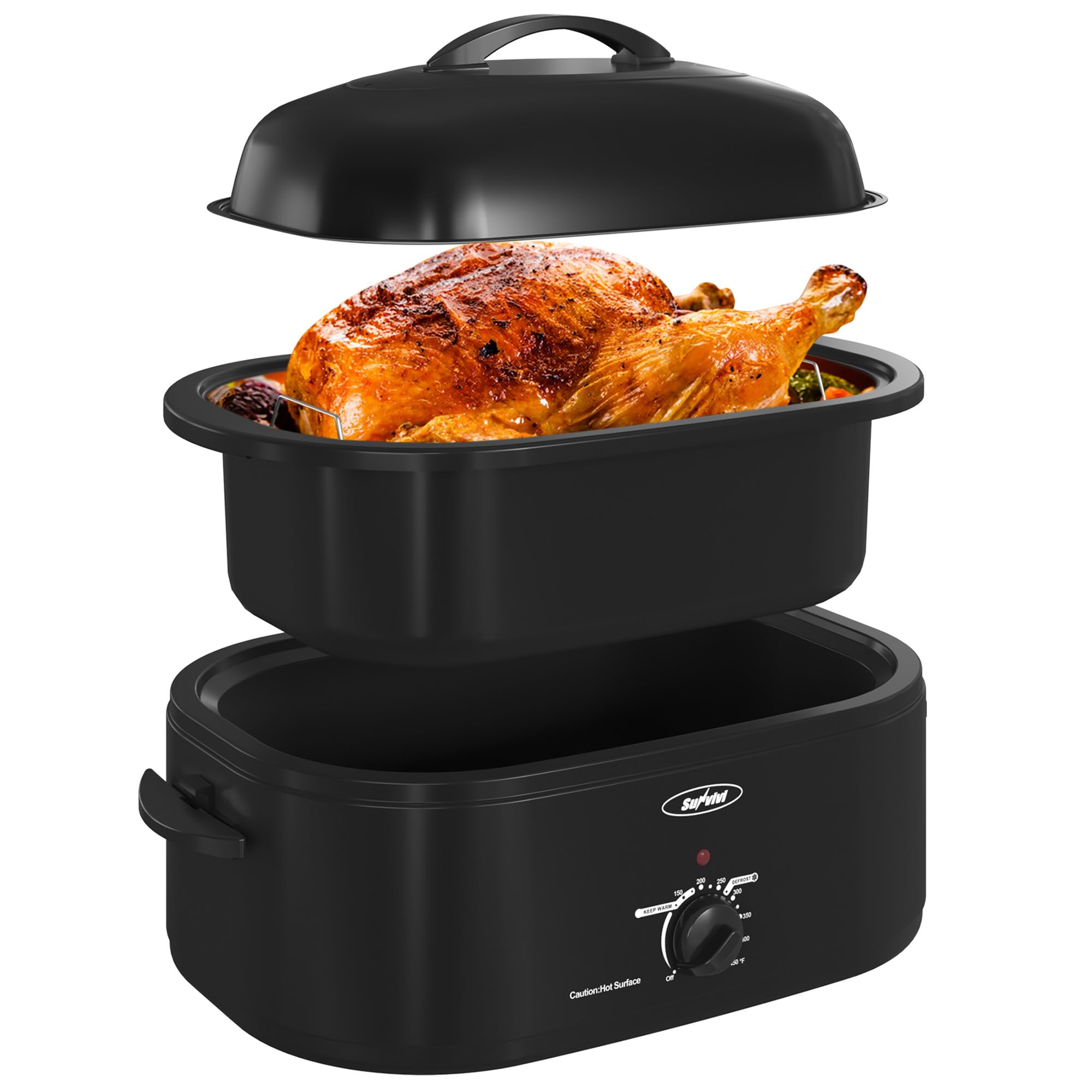 Sunvivi 20-Quart Roaster Oven with Self-Basting Lid, Electric Turkey Roaster Oven with Removable Pan and Rack, Stainless Steel, Black