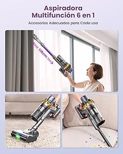 Aspiradora sin Cable, 1.8L Aspirador de Mano con Cepillo Antienredos, Pantalla Táctil, Carga de Pared, 6 en 1 Escoba Aspiradora, Ideal para Suelos Alfombras Pelo de Animales_11