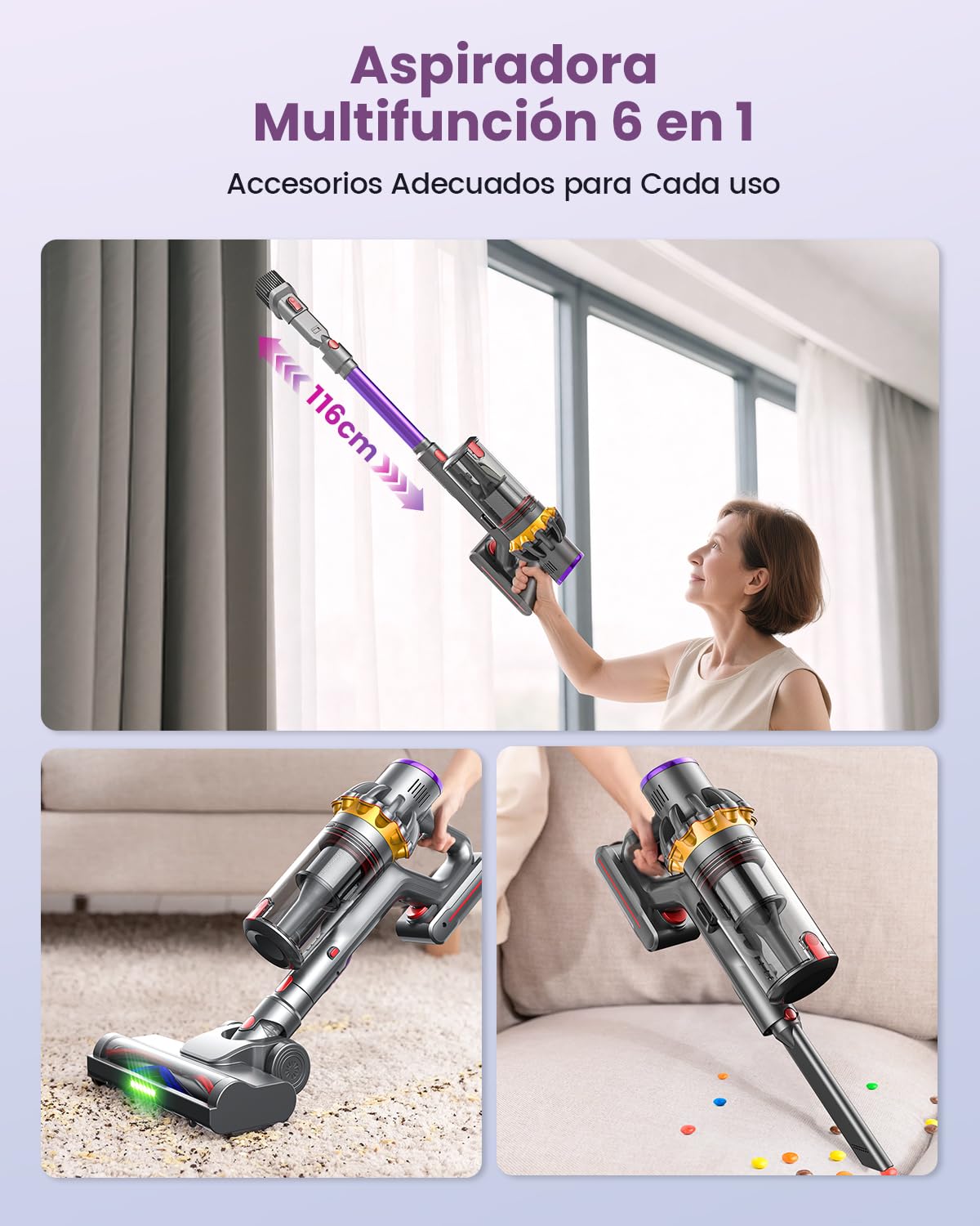 45kPa/580W/70Mins Aspiradora sin Cable, 1.8L Aspirador de Mano con Cepillo Antienredos, Pantalla Táctil, Carga de Pared, 6 en 1 Escoba Aspiradora, Ideal para Suelos Alfombras Pelo de Animales