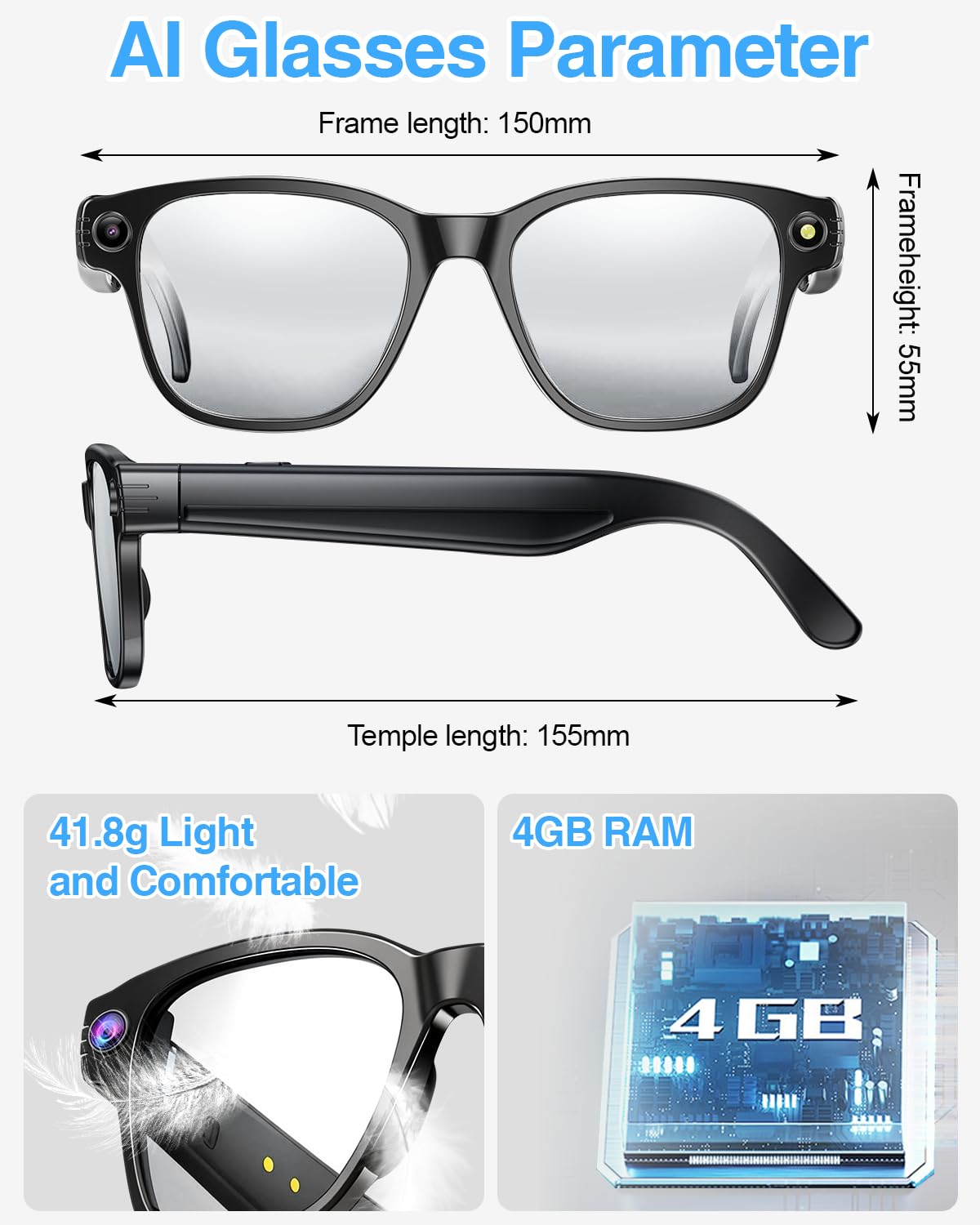 Gafas inteligentes AI, gafas inteligentes para hombres y mujeres, cámara 4K 8MP alimentada por ChatGPT AI, traducción en tiempo real, gafas Bluetooth, Cleanlence, 41,8 g