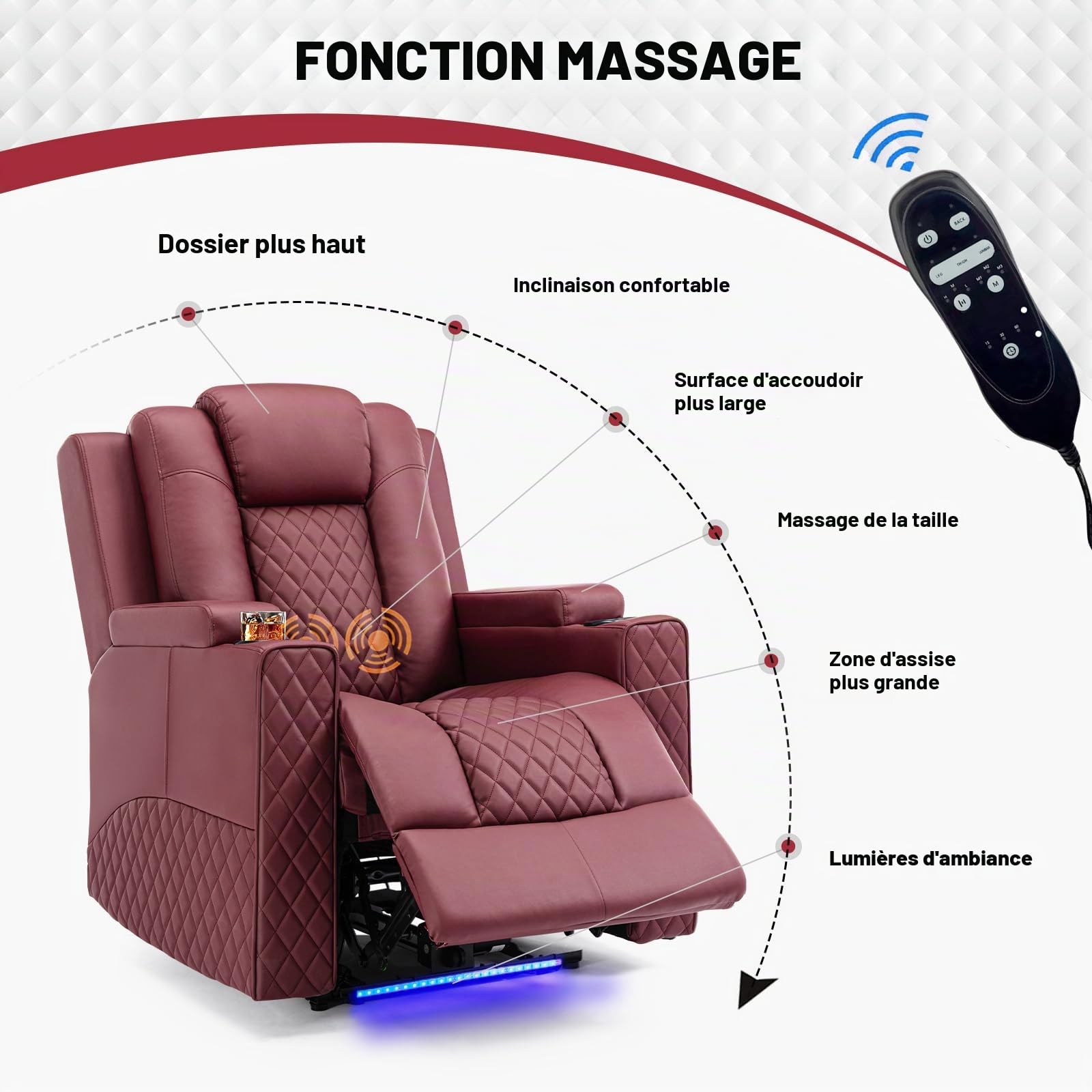 COMHOMA Fauteuil de relaxation avec fonction allongée, fauteuil de relaxation, avec LED, réglable électrique, jusqu'à 150 kg, avec fonction massage, salon, chambre à coucher, home cinéma, rouge