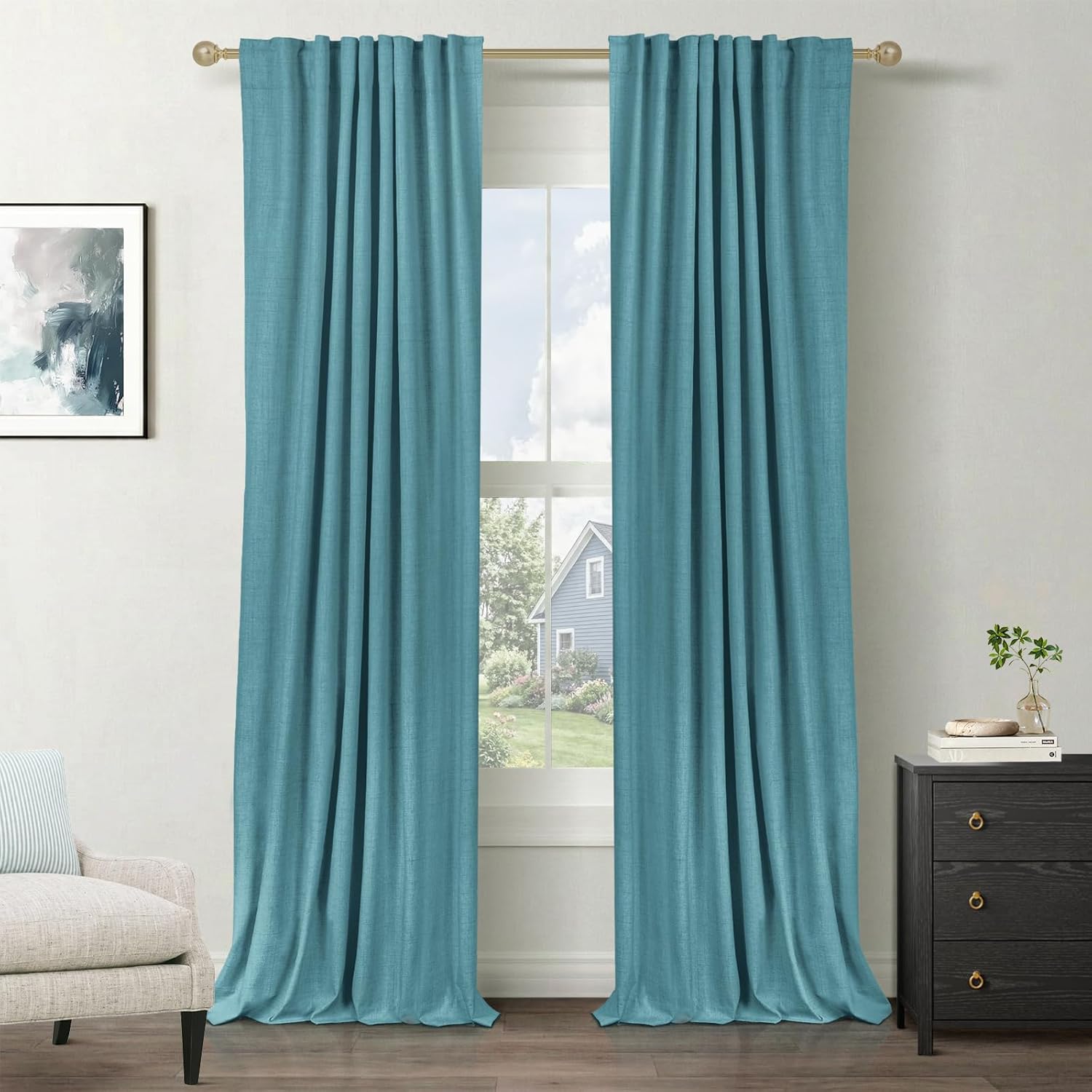 100% Blackout Shield Linen Blackout Curtains for Bedroom 84 Inches Long, Back Tab/Rod Pocket Living Room Drapes, Thermal Insulated Blackout Curtains 2 Panels Set, 50" W x 84" L, Dark Cyan Dark Cyan 50"W x 84"L (Pack of 2)