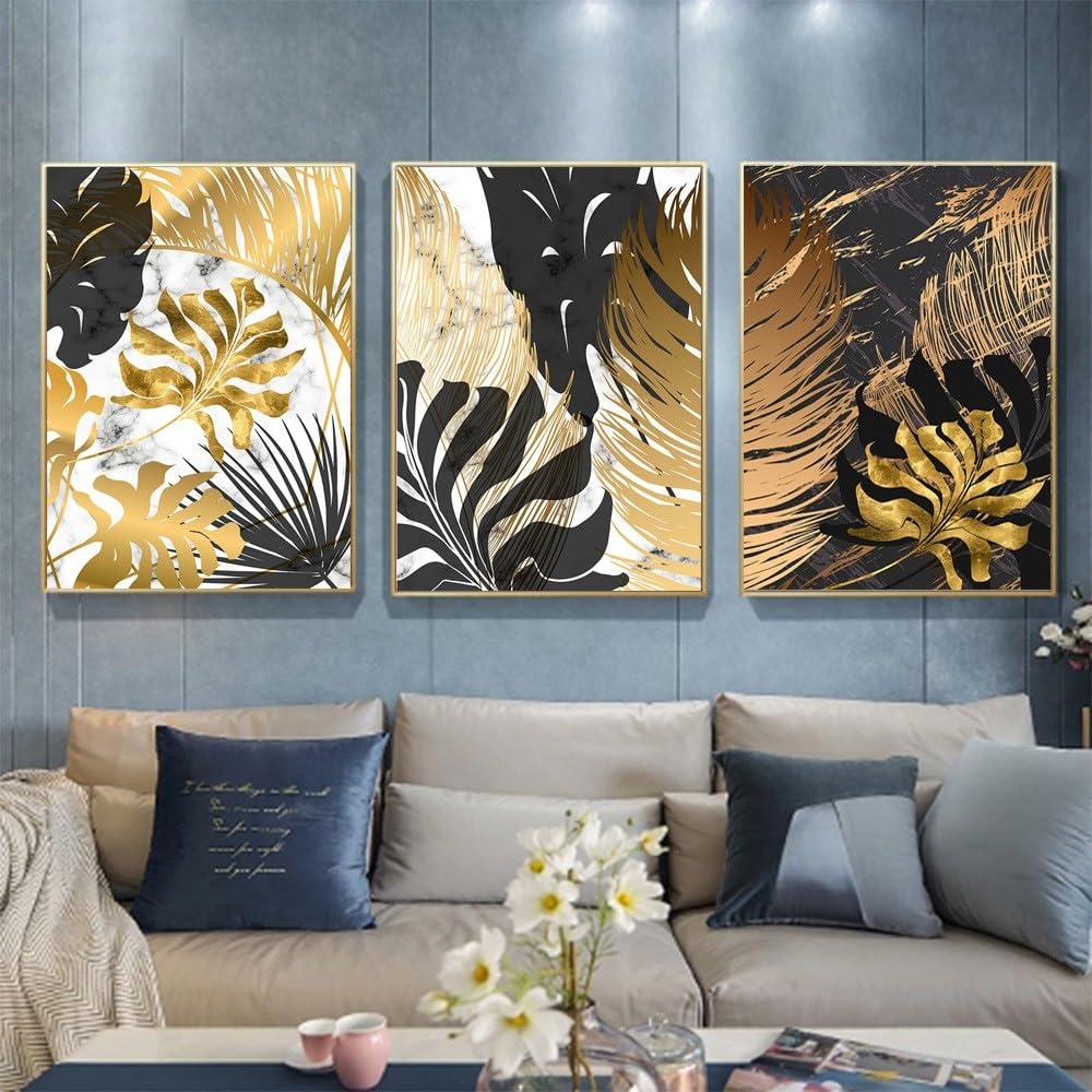 WBYZAC Botanical Posters-Nordic Plants Golden Leaf Canvas Painting Abstract Black Posters Room Wall Painting Pictures for Home Kitchen Office Modern Decor-60 * 70cm*3PCS (No Frame)