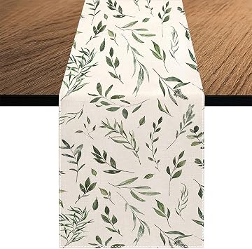 Eucalyptus Leaves Table Runner, Seasonal Summer Watercolor Green Plant Holiday Kitchen Dining Table Decoration for Home Party Decor 13 x 108 Inch