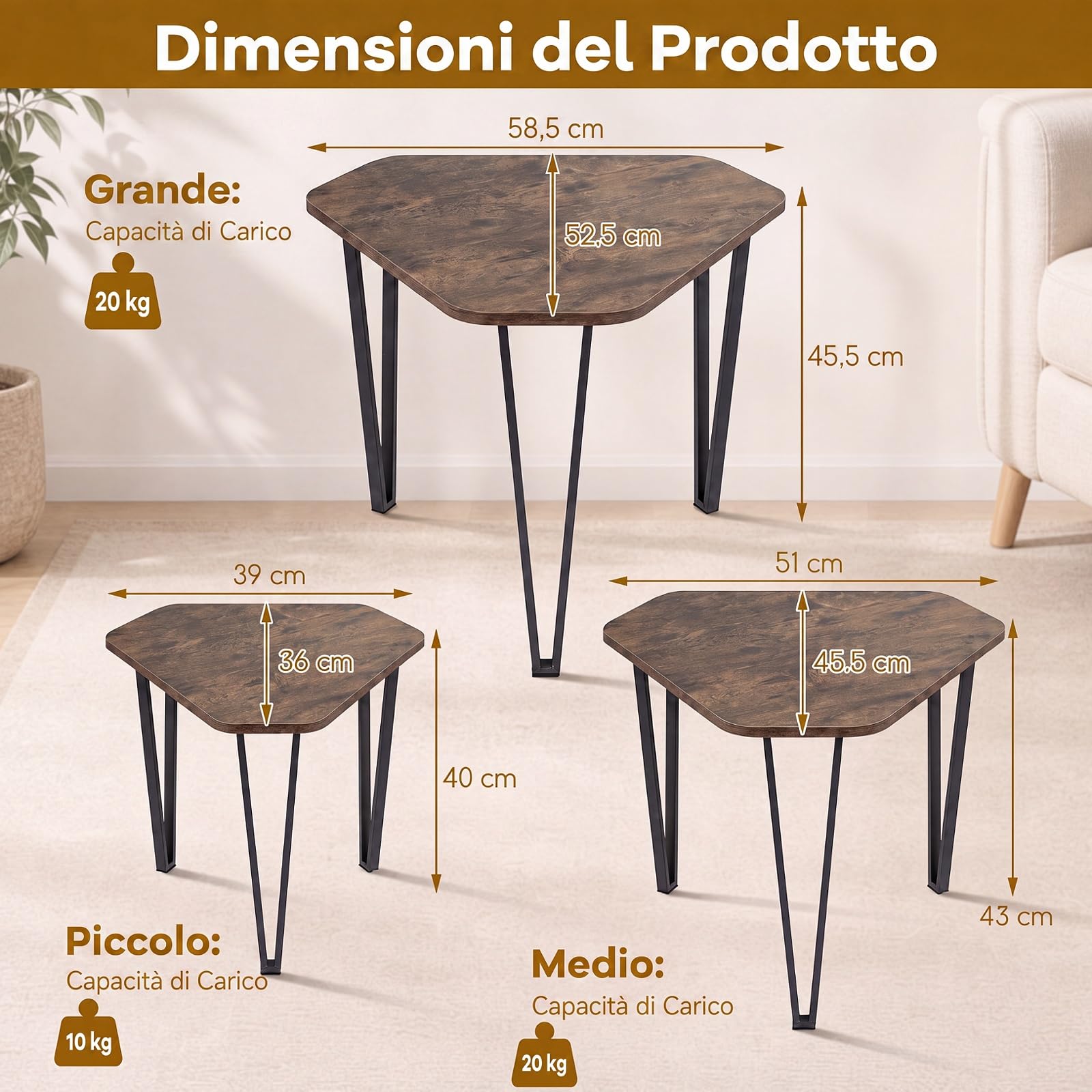 RELAX4LIFE Set 3 Tavolini Sovrapponibili da Salotto con Ampio Piano | Tavolini da Caffè Impilabili con Struttura in Metallo Robusta e Aspetto Industriale per Soggiorno, Sala d'Attesa e Ufficio