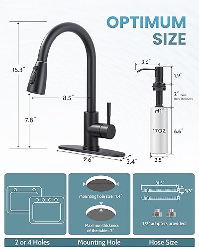 Miniatura 5 de WOWOW Grifo de cocina negro con dispensador de jabón, grifo de fregadero de cocina de acero inoxidable, grifo de cocina negro mate de una sola