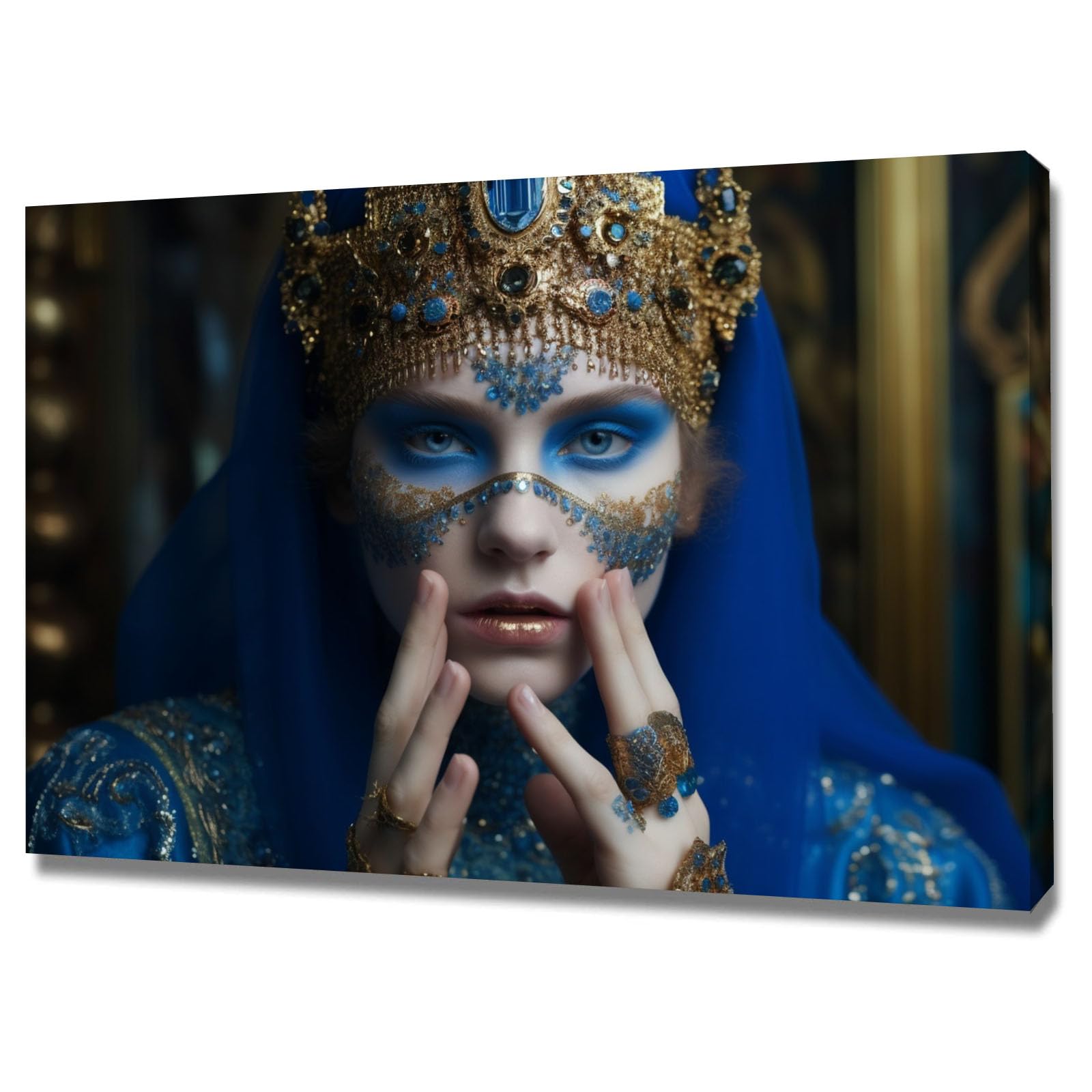 TERUEA Elegant Artwork for Girls Room Bedroom Wall Decor Woman with Gold and Blue Crown Portrait Vintage Humor Wall Poster for Bathroom Toilet Decor(Blue)-70x100cm Framed
