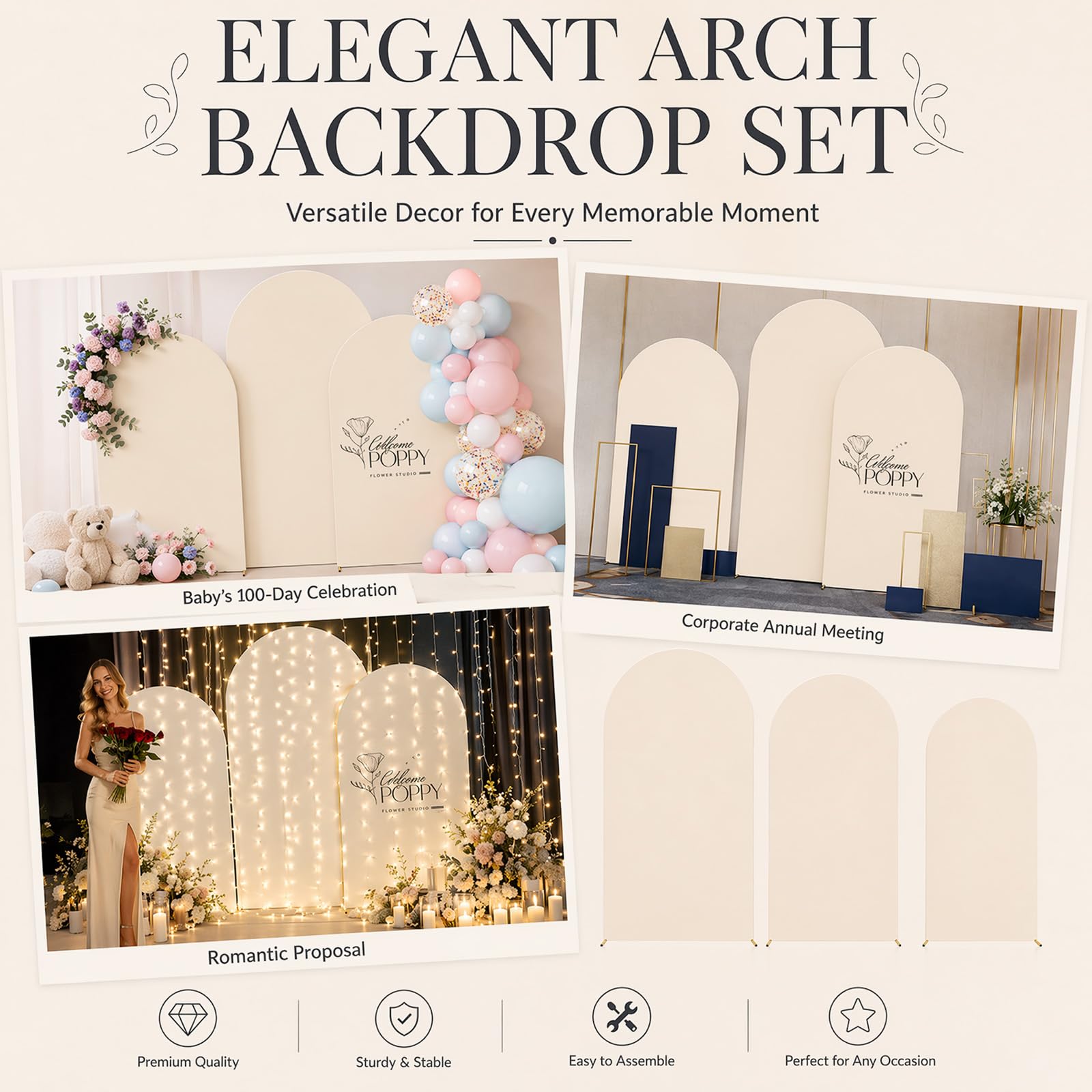 Lot de 3 toiles de fond pour arche de mariage, 1,8/1,5/1,2 m, dessus rond, double face, couverture de cadre pour fête d'anniversaire, cérémonie, banquet (beige)