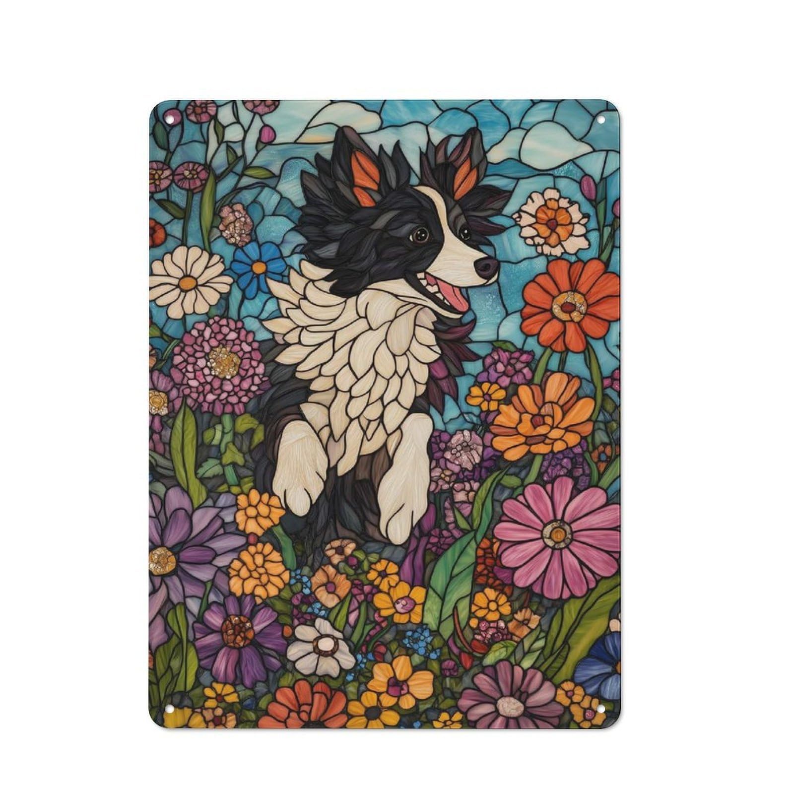 Junmoney Style-7 For Hallway Wall, Stained Glass Dog In Flowers Vintage-Inspired Metal Sign 40X30cm, A Moving-Home Gift For Collectors Of Tin Signs