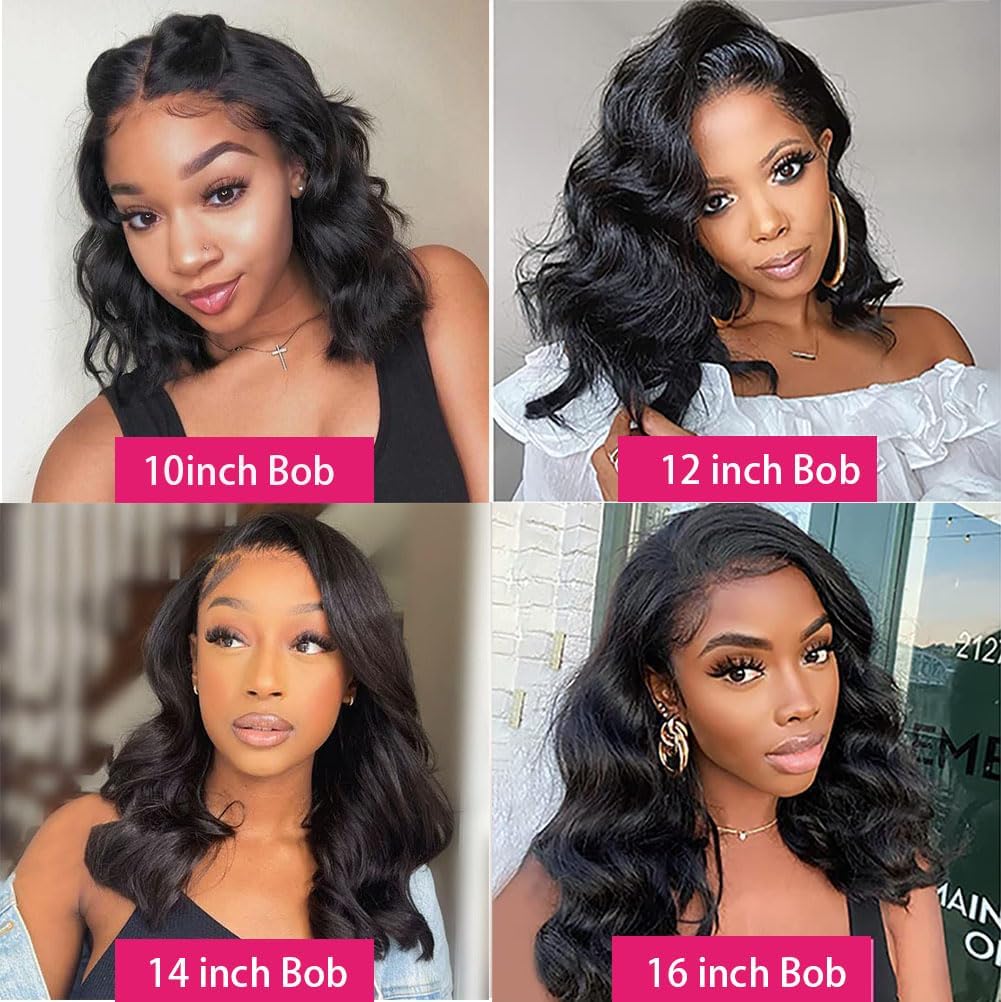 4x4 HD Lace Body Wave Closure Wig Human Hair Bob Wigs for Black Women Glueless Wigs Human Hair Pre Plucked Pre Cut 180% Density Wear and Go Body Wave Bob Wig with Baby Hair 16 Inch Natural Color