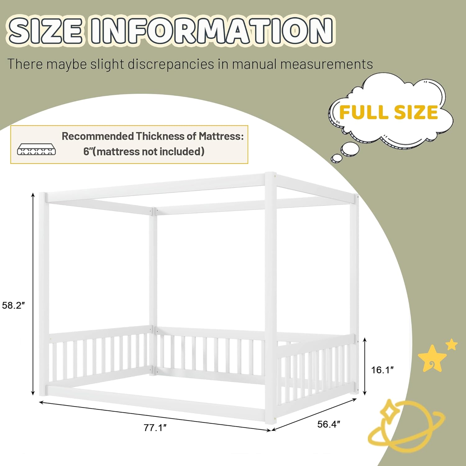 Canopy Bed Frame Full with 4 Posters and Guardrails, Rubber Wood Full Size Montessori Floor Bed with Canopy Frame, Safe and Stylish Canopy Bed Full for Kids Girls Boys,White