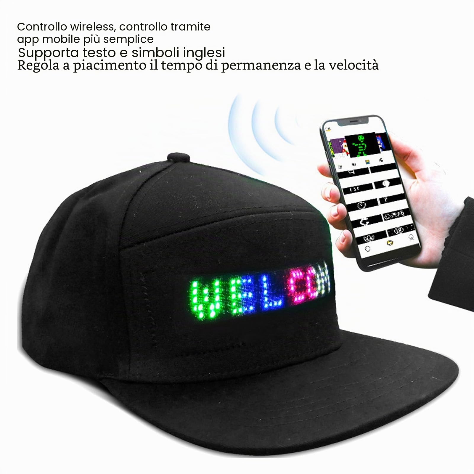 SEAFRONT Cappello LED Programmabile per Editing LED a Colori Controllo App Berretto Baseball Cappello con Segnaletica LED Cappello Intelligente di Dimensioni Regolabili