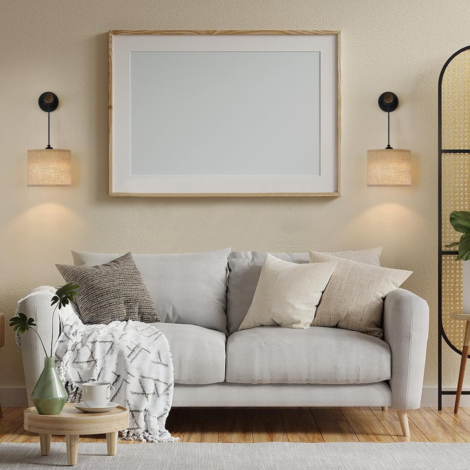 Apliques Pared RGB, Lamparas Pared LED Luz Con Pilas， Inalámbricos con Batería, Magnético Recargable Sin Cable, Iámpara de Pared con Mando a Distancia, Pantalla Lino Beige, Regulables, 2 Piezas