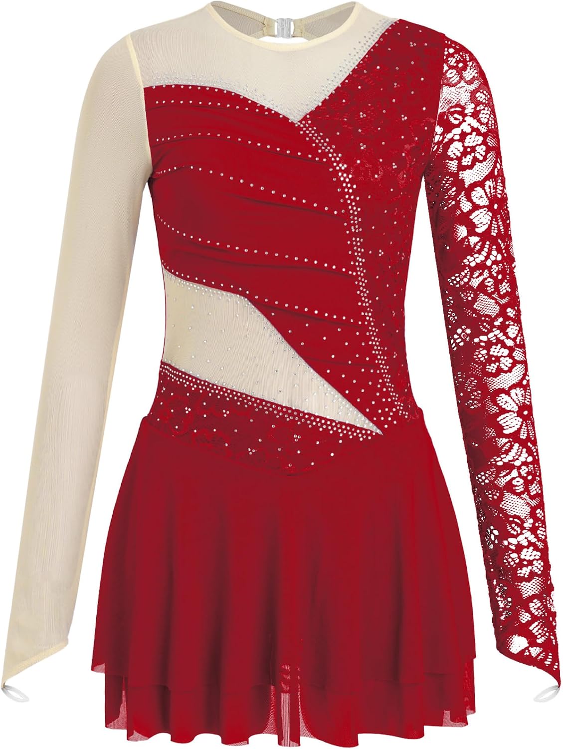 JEYPINMI Women Ice Skating Dress Long Sleeve Figure Skating Jumpsuit Gymnastics Leotard Rhinestone Mesh Skirt
