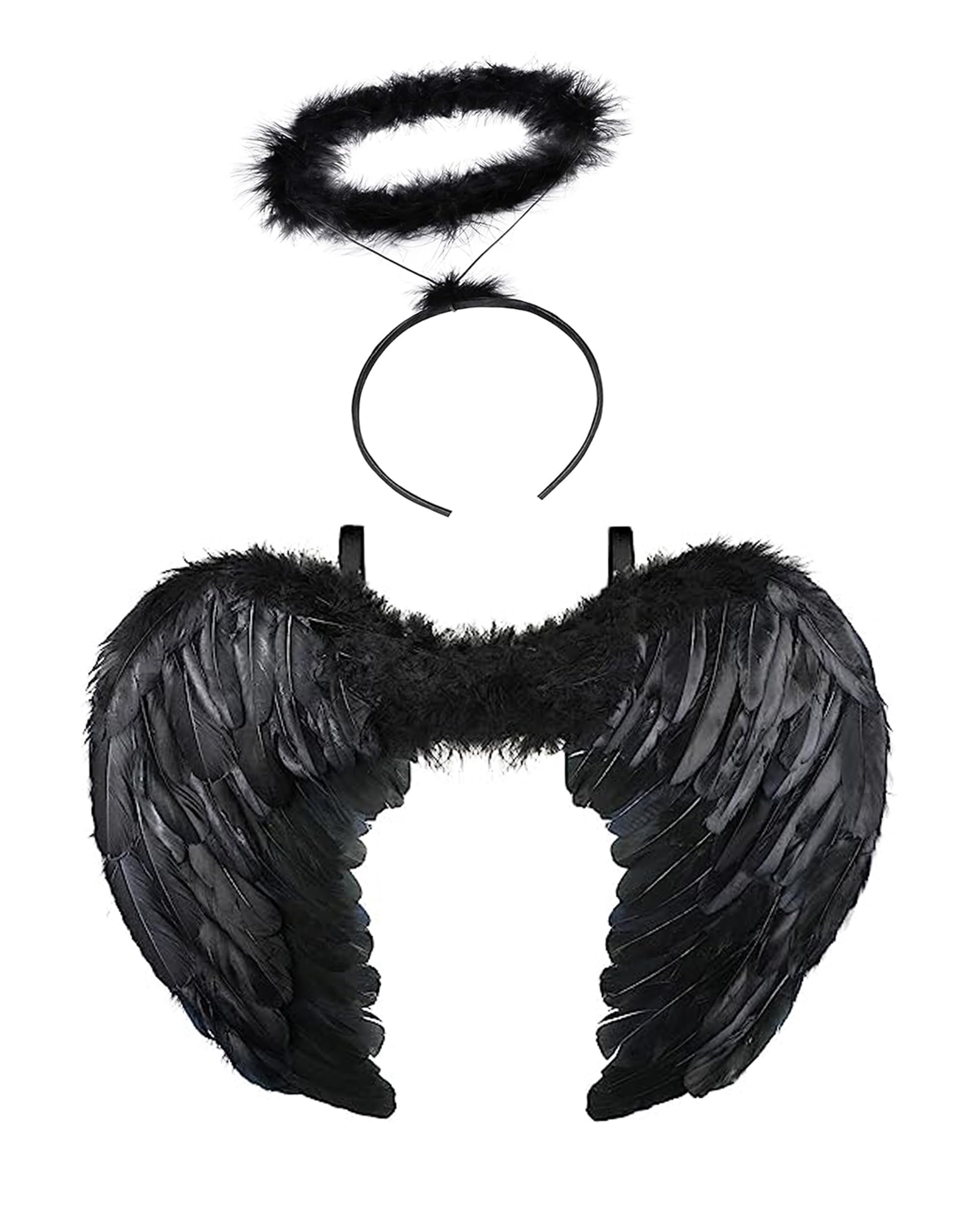 PT Black Angel Fairy Wings And Halo Halloween Fancy Dress Costume Party Headband & Black Angel Wings for Kids Adult Halloween 2PCS SET