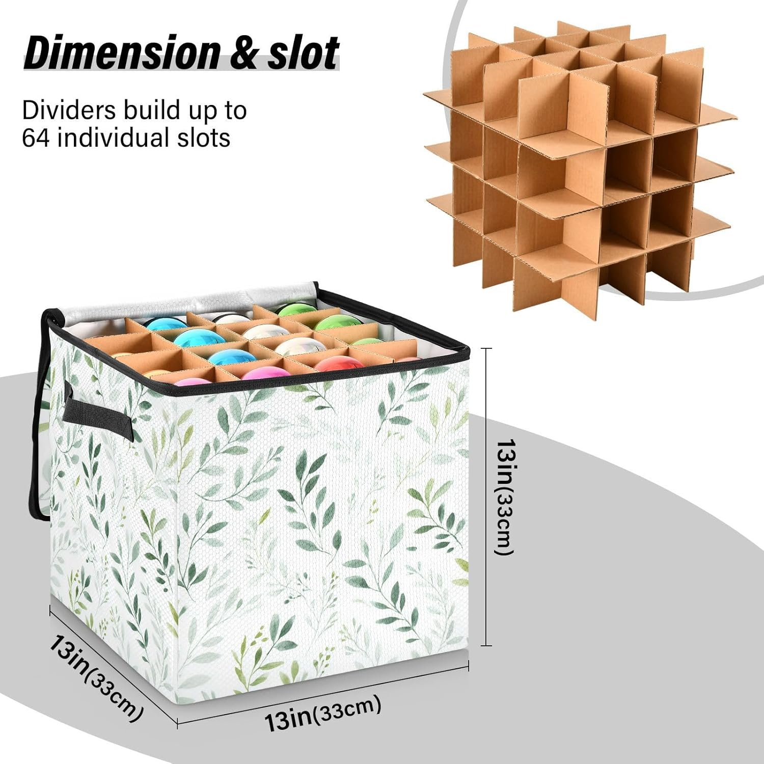 OTVEE Christmas Ornament Storage Box Holiday Decoration Organizer Stores upto 64 Holiday Ornaments Adjustable Dividers Tear-Proof Fabric Serene Eucalyptus Decor