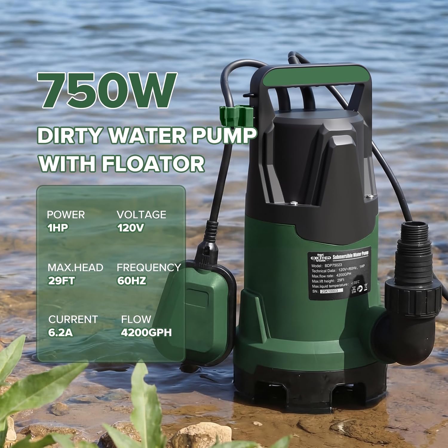 1 HP Sump Pump, LAZYLAND Clean/Dirty Submersible Water Pump with 4200 GPH, Automatic Float Switch for Pool, Pond, Garden, Flooded Cellar, Aquarium and Irrigation (Green)