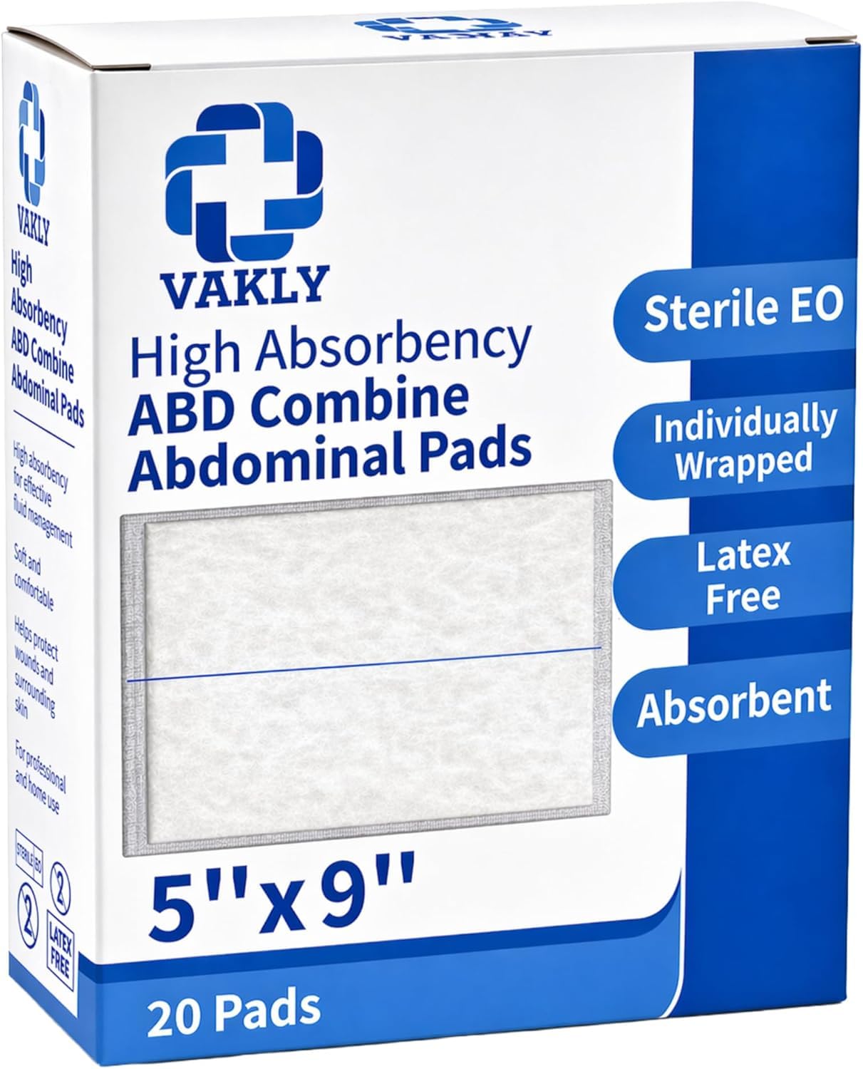 Amazon.com: Vakly ABD Pads 5x9 Sterile (20 Pack)  Abdominal Combine Gauze  Pads, High Absorbency Non-Adherent Wound Dressing for Heavy Drainage &  First Aid, Individually Wrapped : Health & Household