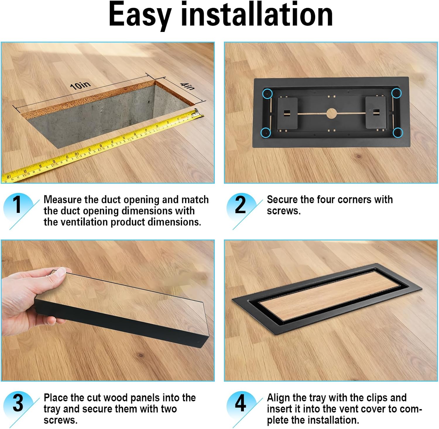 4X10 Flush Floor Vent Covers, Heavy Duty Steel, Flush Mount Floor Vent Cover for Floor or Wall Installation, Floor Vent with Tray and Adjustable Airflow, Modern Low-Profile Air Vent for HVAC (1)