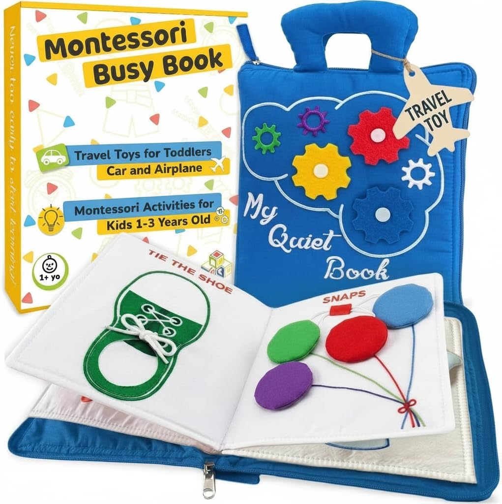 deMoca Toddler Travel Toys for Airplane and Car Rides, Quiet Busy Book for Toddlers 1-3, Plane Toys for 1 Year Old, Montessori Activity Book with All Parts Attached, Screen