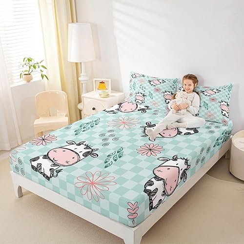 Miniatura 5 de Erosebridal Juego de ropa de cama de vaca de dibujos animados para niños, tamaño King, sábana bajera ajustable de animales para niños y niñas, cama