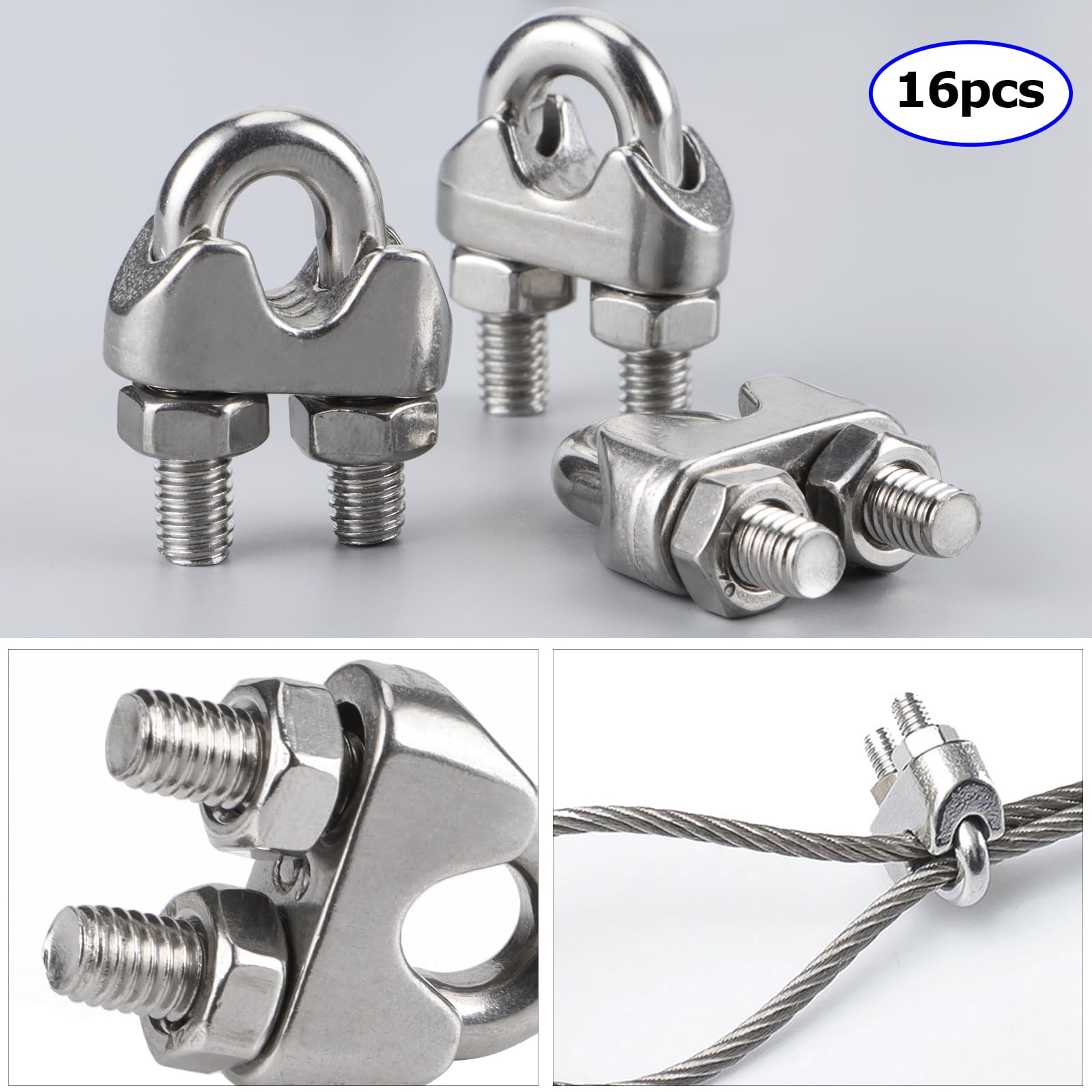 Produktbild von 16x Drahtseilklemme 6mm Aus Edelstahl 304 – U-Bügelklemme Mit Kontermuttern Für Stahlseil & Stahldraht