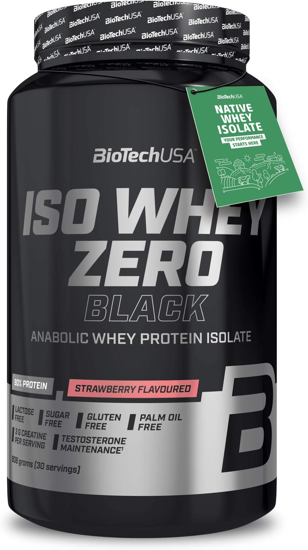 Iso Whey Zero Black Flavoured Protein Powder Drink With 90% Of Protein, Added Creatine, Amino Acids And Zinc Chelate, With Vitamin B3, 908 G, Strawberry